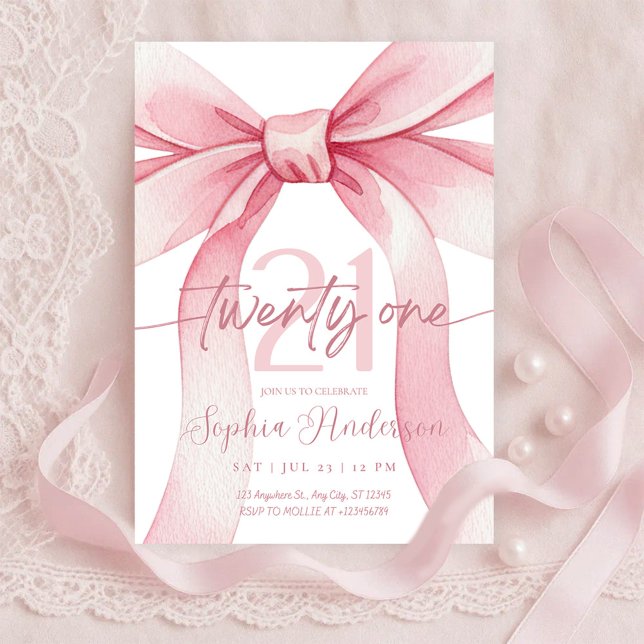 Elegant Blush Pink Bow 21th Birthday Inbjudningar (Skapare uppladdad)