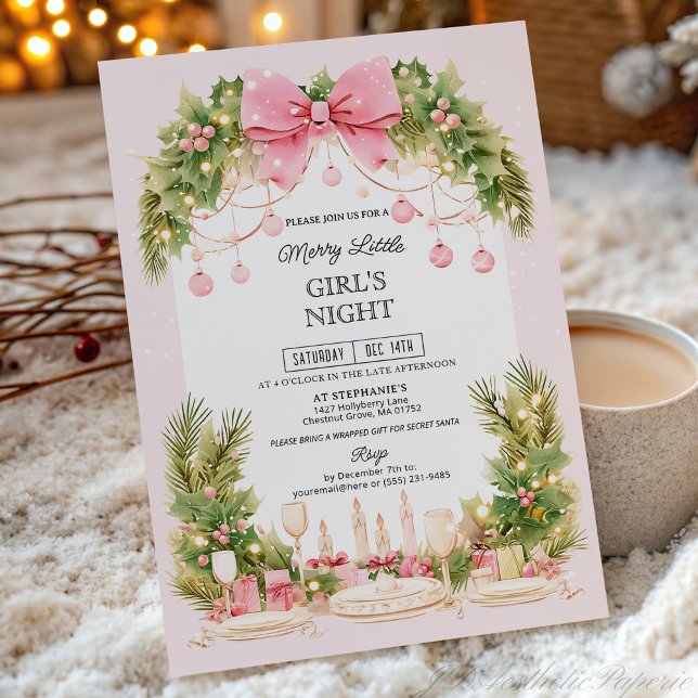 Elegant Blush Pink Bow Christmas Girls Night  Inbjudningar (Skapare uppladdad)
