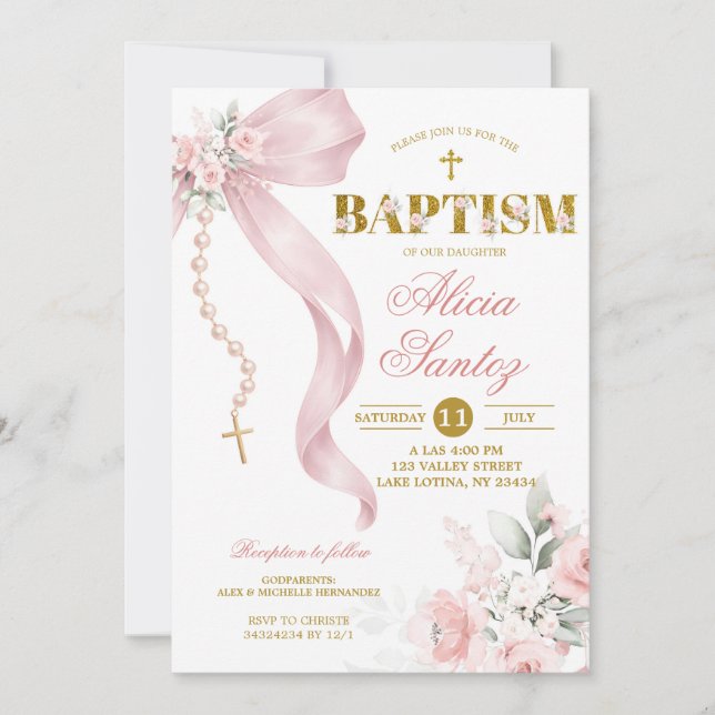 Elegant Blush Pink Bow Coquette Rosary Baptism Inv Inbjudningar (Framsida)