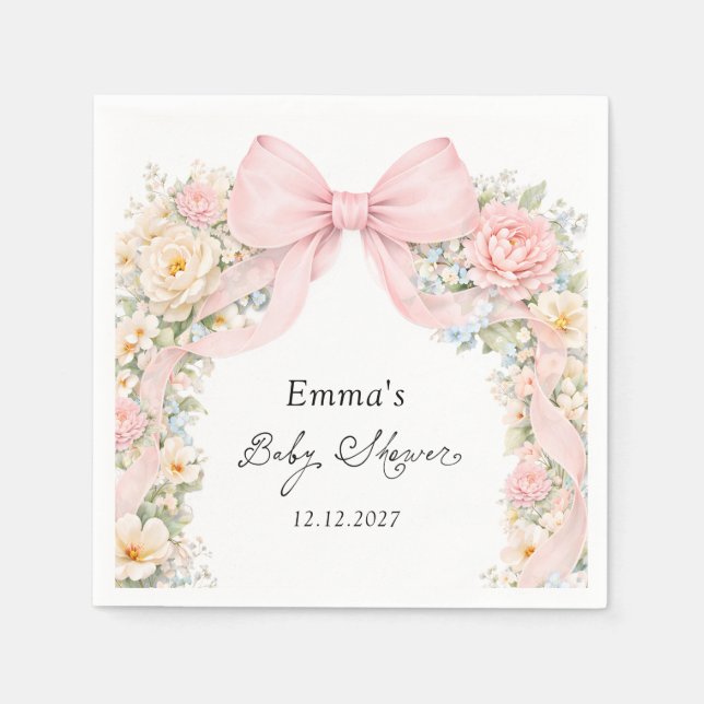 Elegant Blush Pink Bow Floral Baby Shower Pappersservett (Framsidan)