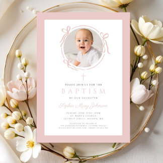 Elegant Blush Pink Bow Photo Baptism Inbjudningar