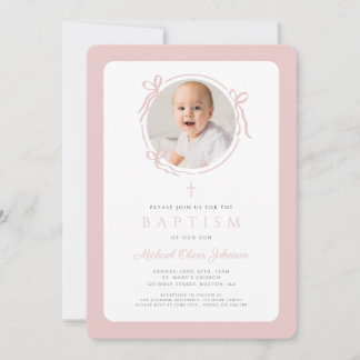 Elegant Blush Pink Bow Photo Girl Baptism Inbjudningar