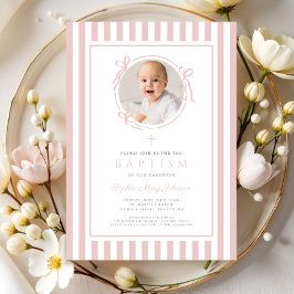 Elegant Blush Pink Bow Photo Girl Baptism Inbjudningar