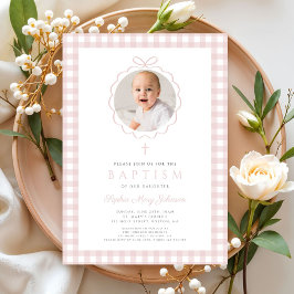 Elegant Blush Pink Bow Photo Girl Baptism Inbjudningar