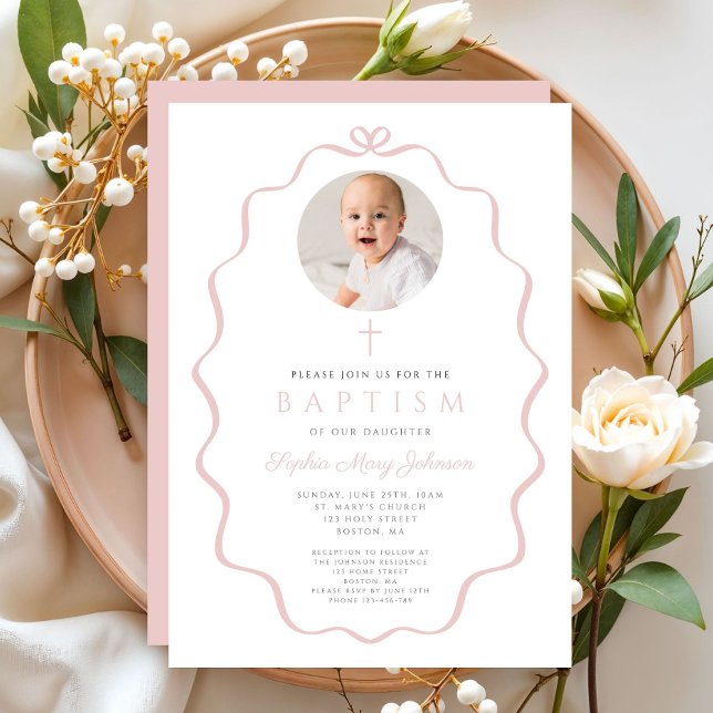 Elegant Blush Pink Bow Photo Girl Baptism Inbjudningar (Elegant Blush Pink Bow Photo Girl Baptism Invitation)