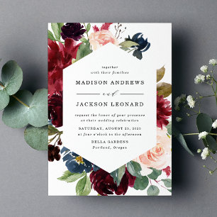 Elegant Blush Pink Burgundy Navy Floral Wedding Inbjudningar