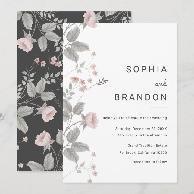 Elegant Blush Pink & Dark Grey Floral Wedding Inbjudningar (Fram/baksida)