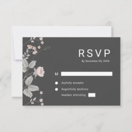 Elegant Blush Pink & Dark Grey Floral Wedding RSVP OSA Kort