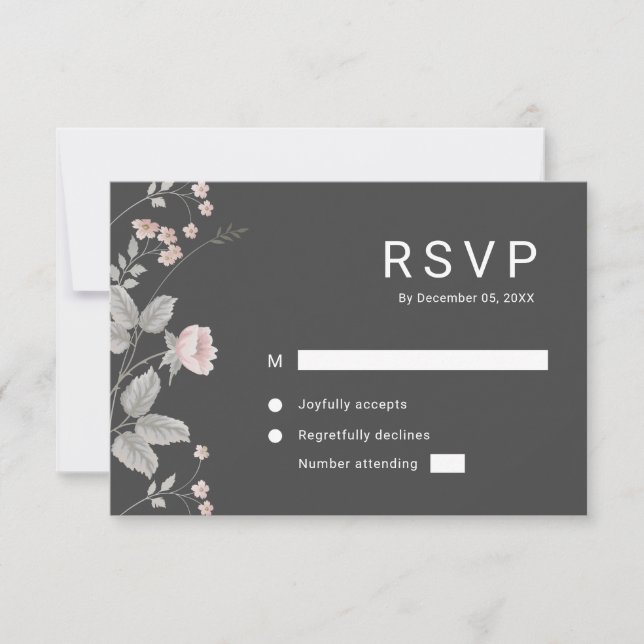 Elegant Blush Pink & Dark Grey Floral Wedding RSVP OSA Kort (Framsida)