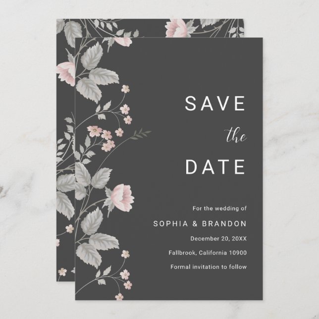 Elegant Blush Pink & Dark Grey Floral Wedding Spara Datumet (Fram/baksida)
