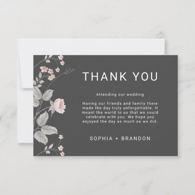 Elegant Blush Pink & Dark Grey Floral Wedding Tack Kort (Framsida)