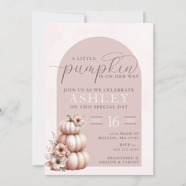 Elegant Blush Pink Fall Pumpkin Baby Shower  Inbjudningar (Framsida)