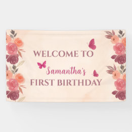 Elegant Blush Pink Floral Butterrfly 1st Birthday 