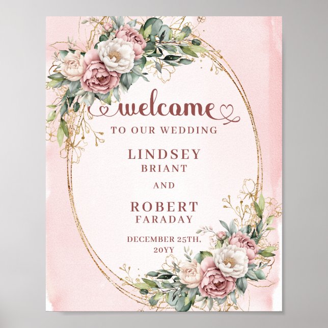 Elegant Blush Pink Floral Eucalyptus Gold Welcome  Poster (Framsidan)