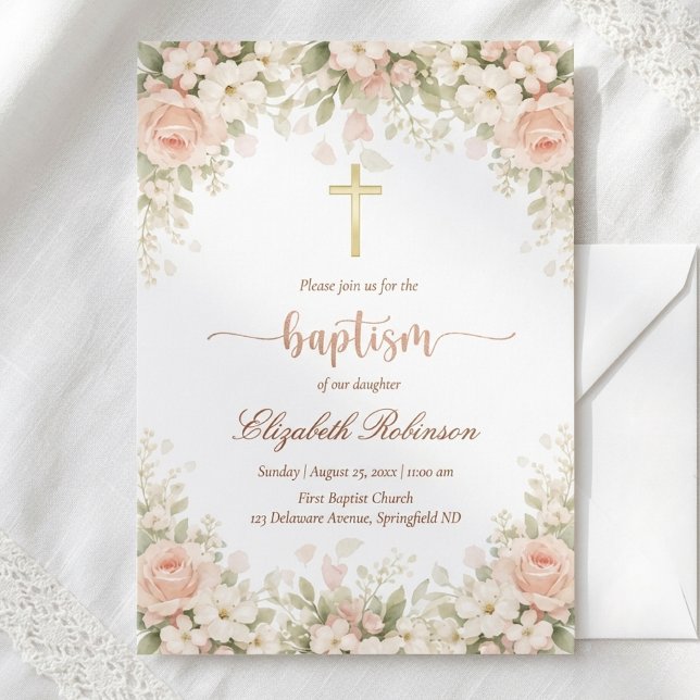Elegant Blush Pink Floral Gold Cross Baptism Inbjudningar (Skapare uppladdad)