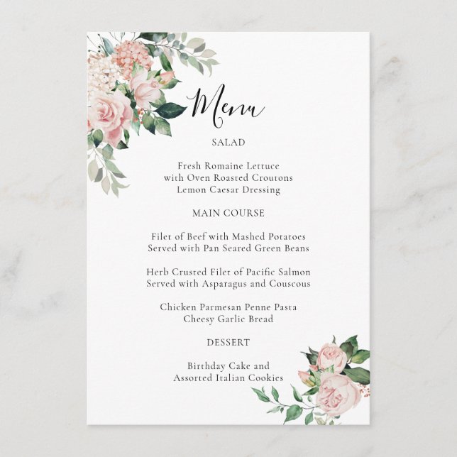 Elegant Blush Pink Floral Special Occasion Menu Meny (Framsida)