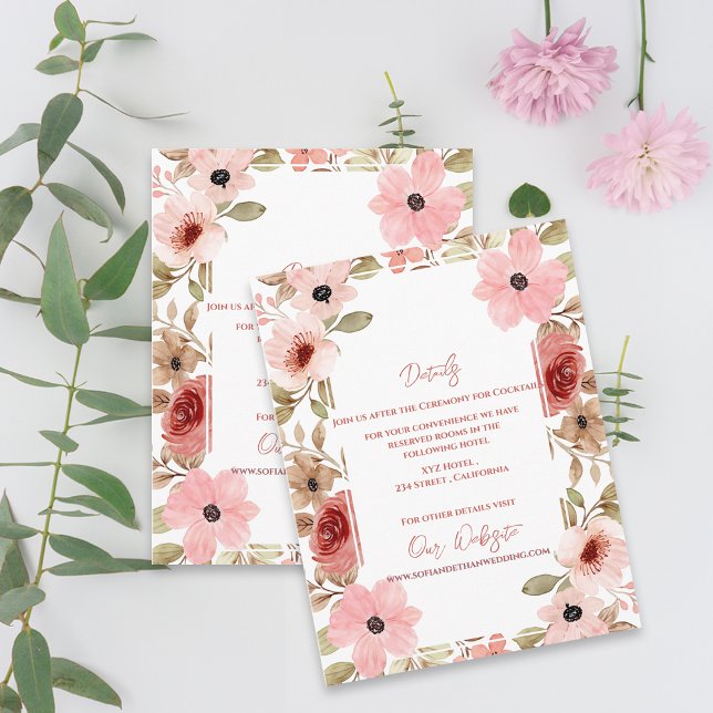 Elegant Blush Pink Floral Wedding Details Tilläggskort (Elegant Blush Pink Floral Wedding Details Enclosure Card)