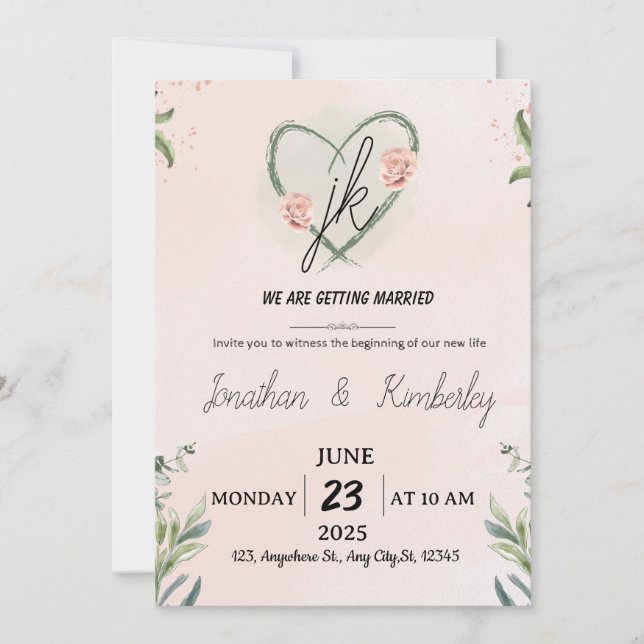 Elegant Blush Pink Floral Wedding Invite Inbjudningar (Framsida)