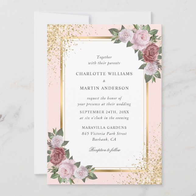 Elegant Blush Pink Gold Confetti Floral Wedding Inbjudningar (Framsida)