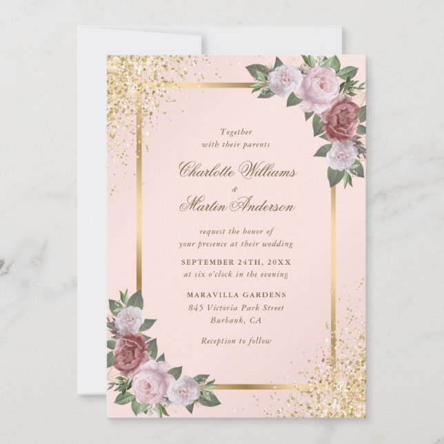 Elegant Blush Pink Gold Confetti Floral Wedding Inbjudningar (Framsida)