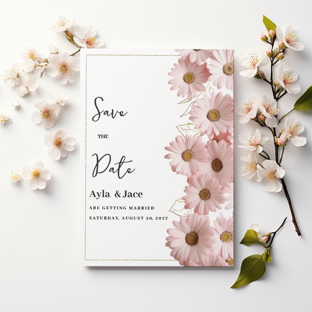 Elegant blush pink gold daisy floral Save the Date Inbjudningar (Elegant blush pink gold daisy floral Save the Date)