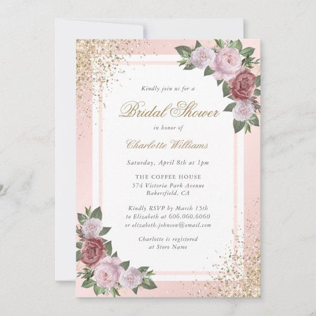 Elegant Blush Pink Gold Floral Bridal Shower Inbjudningar (Framsida)