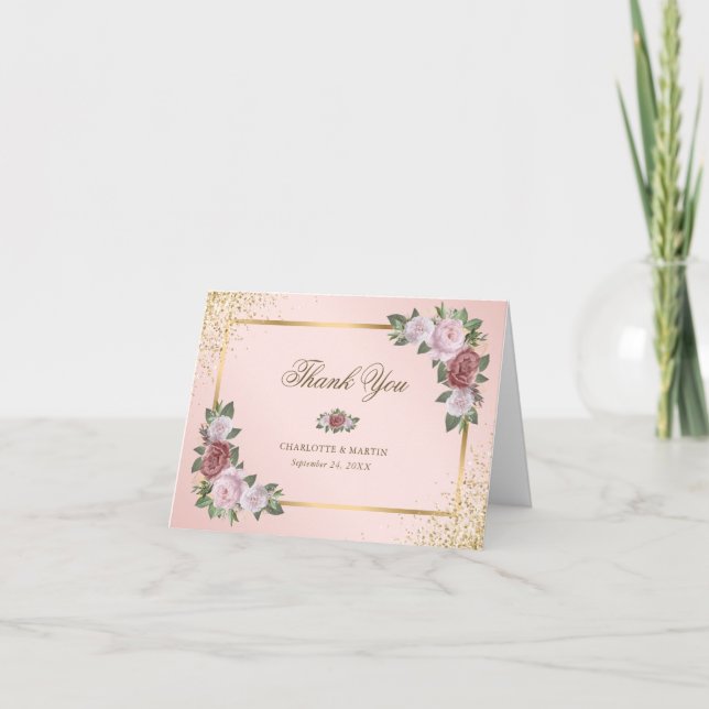 Elegant Blush Pink Gold Floral Wedding Tack Kort (Framsida)
