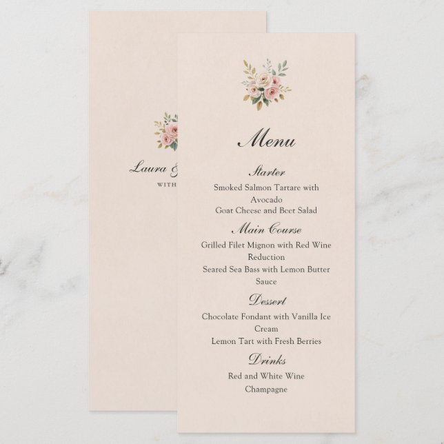 Elegant Blush Pink Gold Roses Wedding Flat Menu Meny (Fram/baksida)