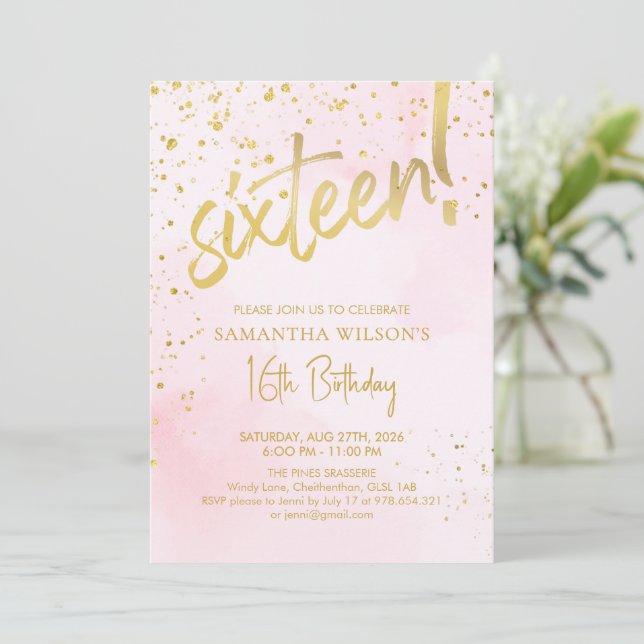 Elegant Blush Pink & Gold Sixteen Birthday Inbjudningar (Stående Fram)