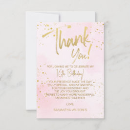 Elegant Blush Pink & Gold Sweet 16 Thank You Card Tack Kort