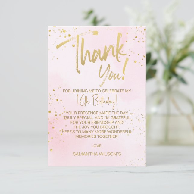 Elegant Blush Pink & Gold Sweet 16 Thank You Card Tack Kort (Stående Fram)