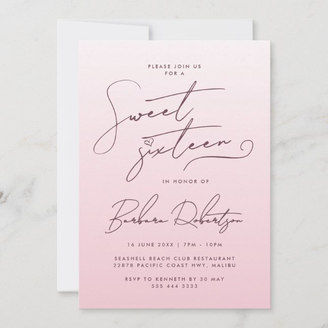 Elegant Blush Pink Gradient Script Sweet Sixteen Inbjudningar (Framsida)