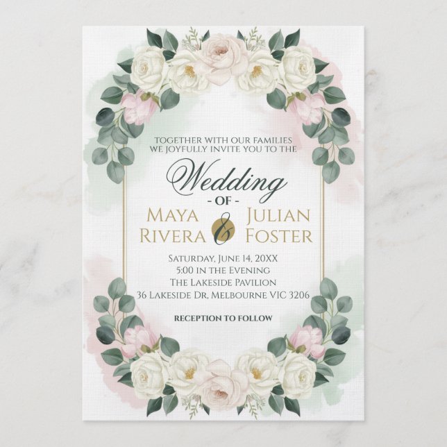 Elegant Blush Pink & Green Floral Wedding Invitati Inbjudningar (Framsida)