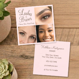 Elegant Blush Pink Mocha Script 3 Photo Lashes Fyrkantigt Visitkort