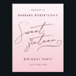 Elegant Blush Pink Ombre Script Sweet Sixteen Poster<br><div class="desc">This cute welcome poster features a blush pink and white color gradient background. A girly script font tells you it's a sweet sixteen, and you can edit the text for the birthday girl's name and the date. You can also replace the background with your own photo. Styled to be minimalist...</div>