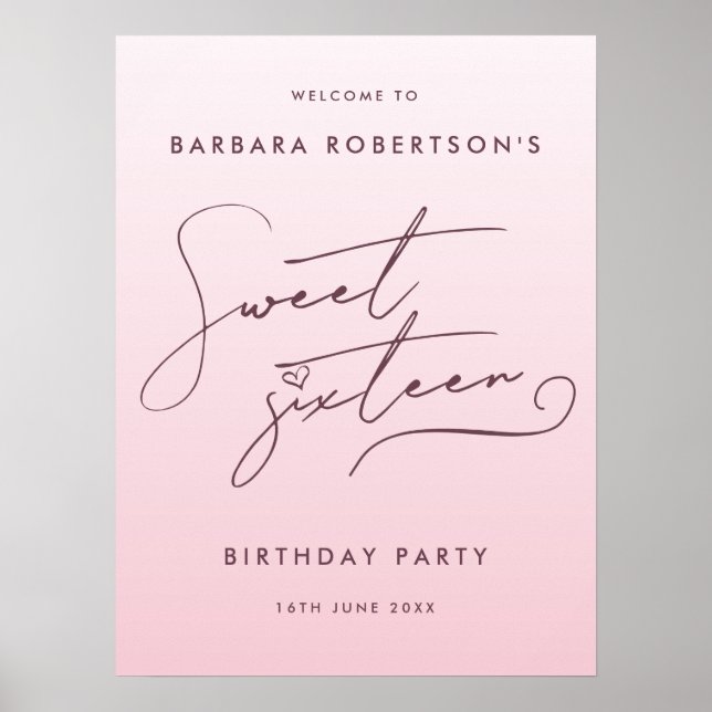 Elegant Blush Pink Ombre Script Sweet Sixteen Poster (Framsidan)