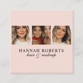 Elegant Blush Pink Script 3 Photo Hair Makeup Fyrkantigt Visitkort