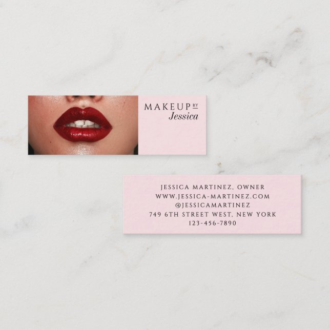 Elegant Blush Pink Typography Photo Makeup Mini Visitkort (Fram/baksida)