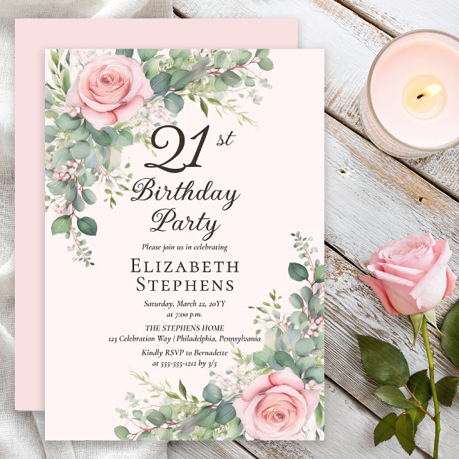 Elegant Blush Ros Eukalyptus 21-årsfest Inbjudningar (Elegant blush rose and eucalyptus 21st birthday invitation with soft watercolor florals)