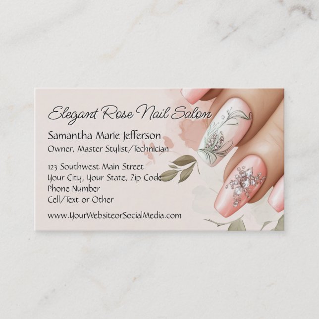 Elegant Blush Ros Kristall Manikyr Nagelsalong Visitkort (Framsida)