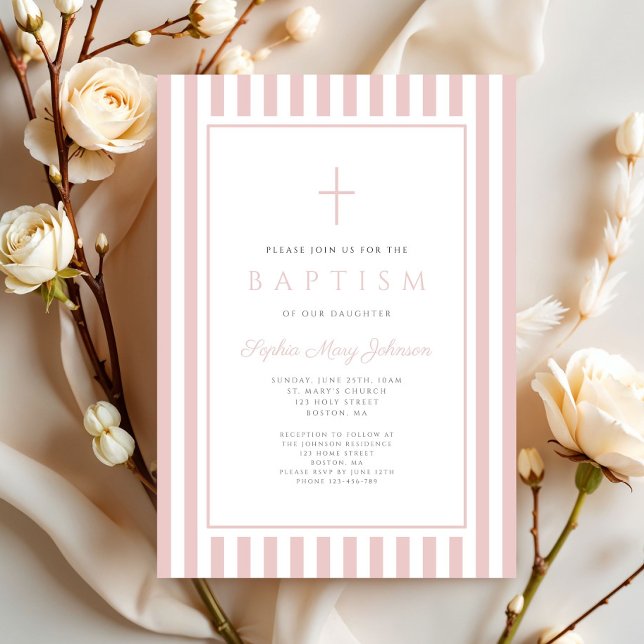 Elegant Blush Rosa Flick Dop Inbjudningar (Elegant Blush Pink Girl Baptism Invitation)