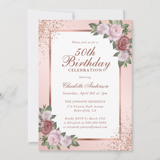 Elegant Blush Rose Gold Floral 50th Birthday Inbjudningar (Framsida)