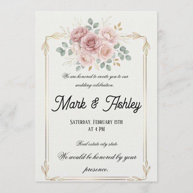 Elegant Blush Rose & Gold Frame Wedding Invitation Inbjudningar (Framsida)
