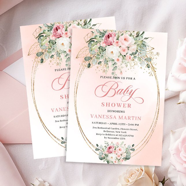 Elegant Blush Rose Gold Girl Baby Shower Invite Inbjudningar (Elegant Blush Rose Gold Girl Baby Shower Invitation)