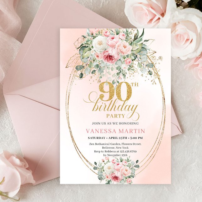 Elegant Blush Rose Greenery Gold 90th Birthday  Inbjudningar (Boho Blush Floral Gold Minimal 90th Birthday Invitation)