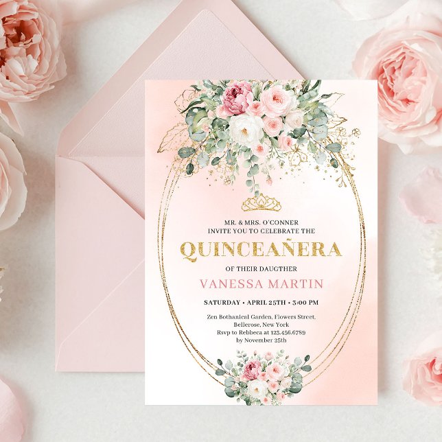 Elegant Blush Roses Boho Quinceañera Gold Invitati Inbjudningar (Elegant Blush Roses Boho Quinceañera Gold Invitation)