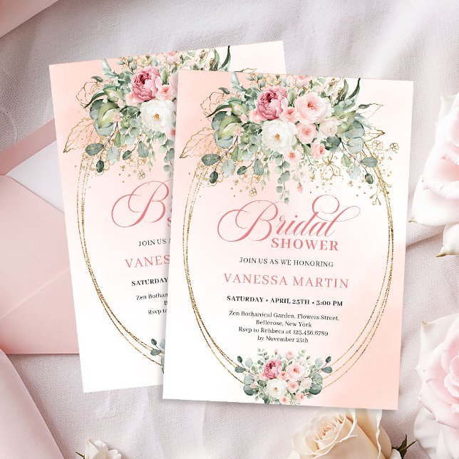 Elegant Blush Rosor Bröllopsfest Guld Inbjudan (Elegant Blush Roses Bridal Shower Gold Invitation)