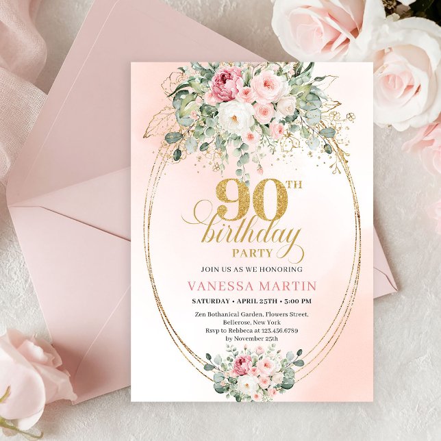 Elegant Blush Rosor Guld Boho 90-års Födelsedagsin Inbjudningar (Elegant Blush Roses Gold Boho 90th Birthday Invitation)