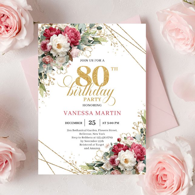 Elegant Blush Vit Guld 80-års Födelsedagsinbjudan Inbjudningar (Chic Blush White Gold 80th Birthday Invitation)
