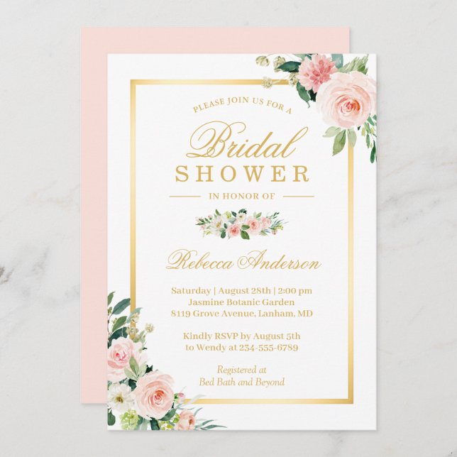 Elegant Blushing Rosa Blommigt Guld Möhippa Inbjudningar (Fram/baksida)
